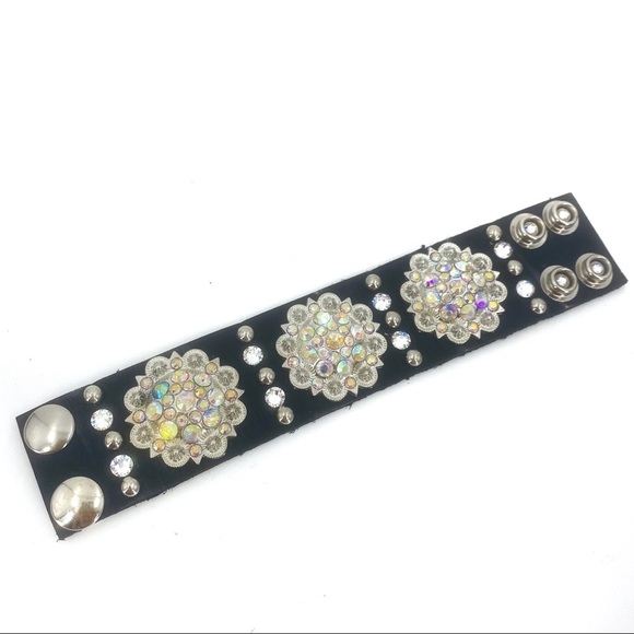Swarovski Crystal Leather Band Bracelet in Black | KALIFANO Leather Cuff Australian Crystals Custom Made